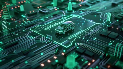 Fototapeta premium New software defined vehicle system chip enhances automotive sector with firs. Concept Automotive Industry, Software-Defined Vehicles, Advanced Chip Technology, Innovation in Automotive Sector. Car