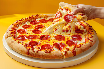 Slice of pepperoni pizza in hand. Top view on paperoni pizza. Concept for italian food, street food, fast food, quick bite