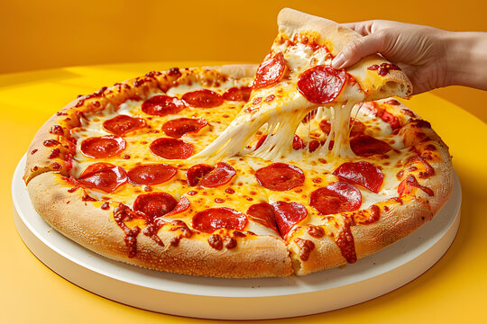Slice of pepperoni pizza in hand. Top view on paperoni pizza. Concept for italian food, street food, fast food, quick bite