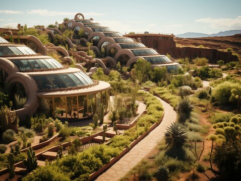 Visitors Exploring Futuristic Desert Greenhouses on a Sunny Day