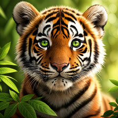 Fototapeta premium A close-up of a tiger's face, with its eyes wide open and surrounded by green leaves.