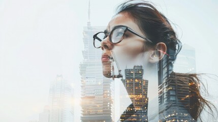 Portrait of a female engineer with a double exposure effect showing a skyscraper under construction