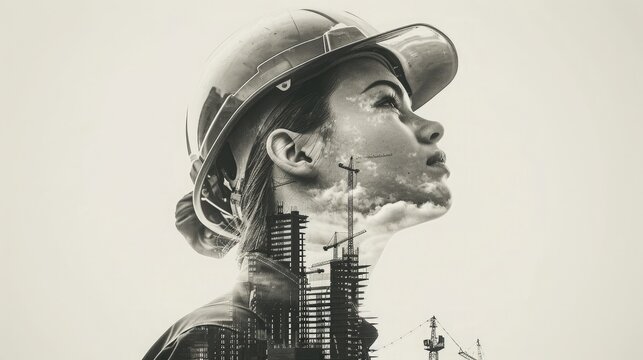 Portrait of a female engineer with a double exposure effect showing a skyscraper under construction