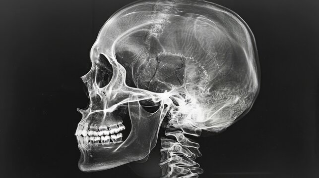 Side view x-ray of a human skull, showing the intricate details of the bones and teeth