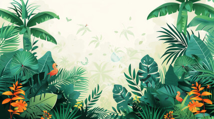 Illustration of a dense tropical jungle filled with lush green foliage and vibrant flowers, creating a lively and exotic atmosphere.
