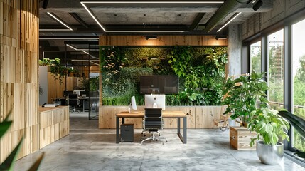 Modern Office Interior. Green Office Ecological Materials, Green Technology, and Energy-Efficient Solutions for a Carbon-Neutral Future