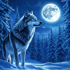 Naklejka premium A majestic wolf standing on snow-covered ground, looking up at the full moon that hangs in the sky above a forest of tall trees.
