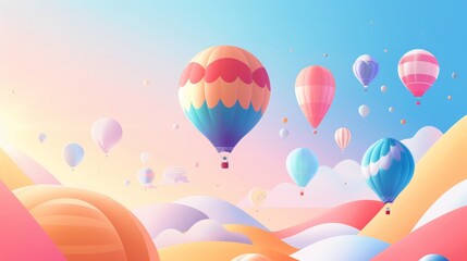 An imaginative illustration of a hot air balloon festival, with colorful balloons in various shapes and sizes floating against a clear sky, evoking a sense of wonder and joy