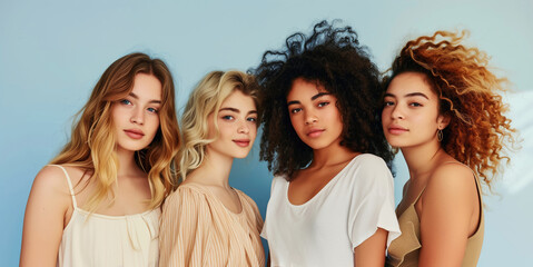 Obraz premium Group beautiful stylish young women together, four girls models posing on blue studio background