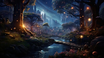 A magical forest with glowing mushrooms, fairies, and a sparkling river, creating a fantasy world 