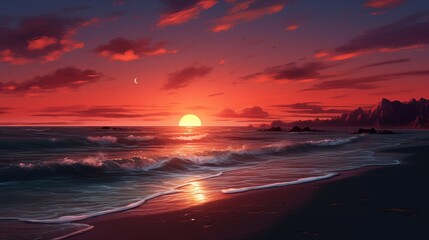 Stunning Red Sunset Over the Ocean with Waves and Beach