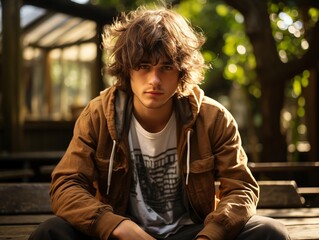 Obraz premium Young man sitting alone in a park during golden hour