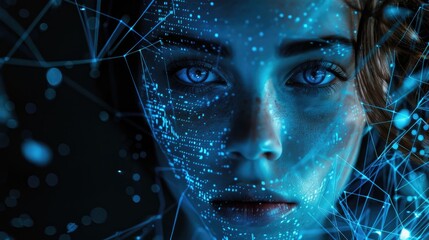 A woman in the style of digital data and codes, blue glow in the background