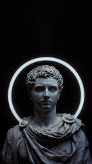 A statue of a Roman, greek emperor with a glowing circle around him. black background with copy space for text.