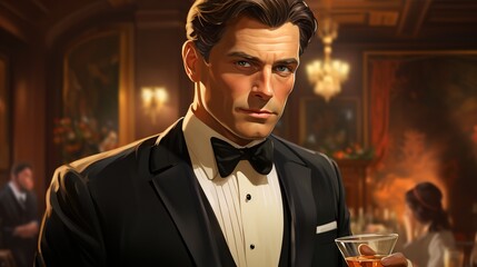 A man with a dapper side-parted hairstyle, suavely making his way through a sophisticated cocktail  