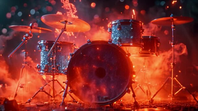 A drum set positioned on a stage with flames blazing in the background, creating a fiery atmosphere for a performance.