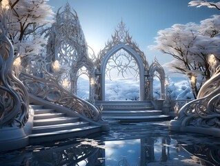 Fantasy winter landscape with snow covered trees. 3D illustration.