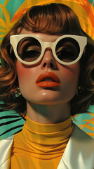 Obraz premium Retro style pastel colors summer background. Fashion woman wearing big sunglasses.