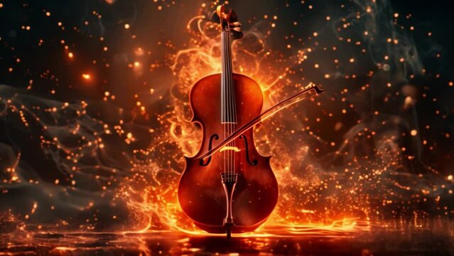 A violin is ablaze, flames licking its wooden body, set against a pitch-black backdrop.