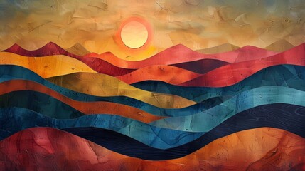 abstract landscape art, an artistic depiction of a landscape with textured hills in earth tones and a sun shining in warm, glowing colors