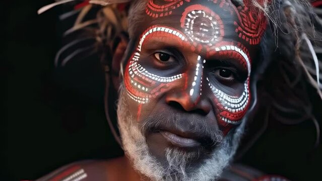 Close-up of an elderly Indigenous Australian man with intricate cultural face paint and traditional hairstyle. The image captures the solemn evening mood and rich cultural heritage.