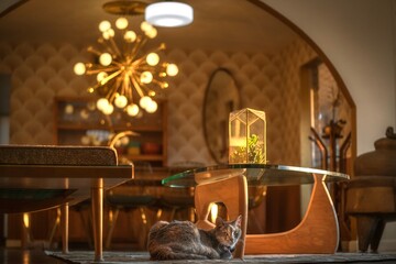 This image shows a relaxed grey cat laying on the floor of a stylish mid century modern home with...