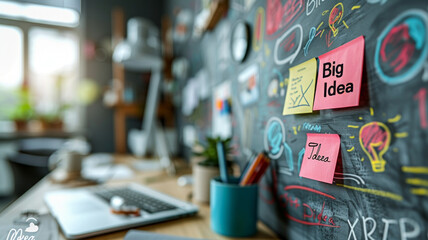 hand holding a sticky note with "Big Idea" against a background filled with colorful doodles and sketches, symbolizing brainstorming and creative planning generative ai