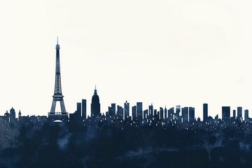 Obraz premium Paris skyline silhouette with Eiffel Tower, modern cityscape illustration, white background, minimalist urban art