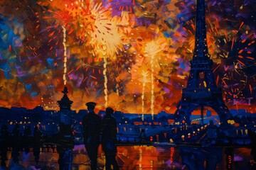 Fototapeta premium Romantic silhouette of couple with Eiffel Tower and fireworks in Paris at night, vibrant colors and festive atmosphere