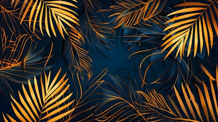 Abstract luxury dark art background with hand drawn palm leaves in golden line style. Botanical banner with tropical plants for wallpaper, decor, packaging, print, interior design
