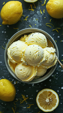 Lemon ice cream with fresh lemons and poppy seeds on dark background. Generative AI image