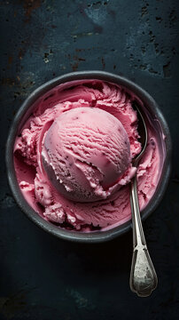 Scoop of strawberry ice cream in a dark ceramic bowl. Generative AI image