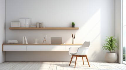 A minimalist office with white walls, clean lines, and simple furniture 