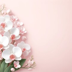Banner with flowers on pastel pink background. Greeting card template for Wedding, mothers or woman's day. Springtime composition with copy space. Flat lay style 