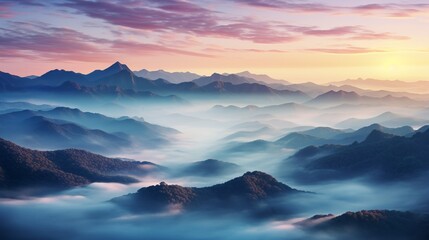A misty mountain range with layers of fog and sunrise colors 
