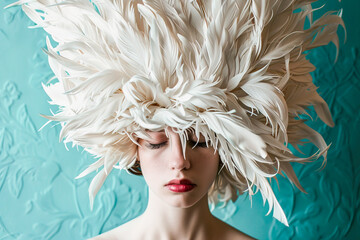 Woman adorned with an elaborate white feather headpiece. Generative AI image