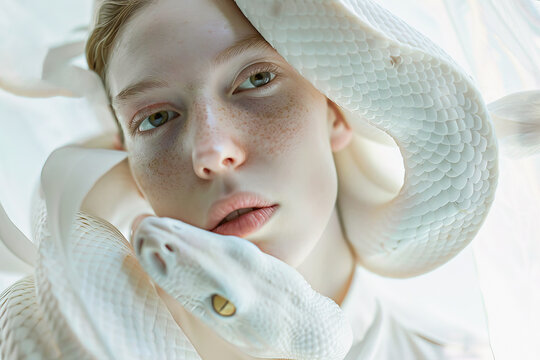 Young woman with a white snake wrapped around her. Generative AI image