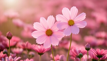 Obraz premium Two pink daisies in a field of pink flowers on sunny summer day.