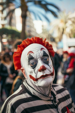 Mime artist looks up amidst urban crowd. Generative AI image