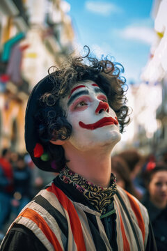 Mime artist looks up amidst urban crowd. Generative AI image