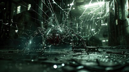A cyber-spider spinning a web of light threads in a dark, industrial room.