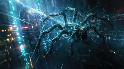A cyber-spider weaving a web of light beams in a dark, futuristic room.