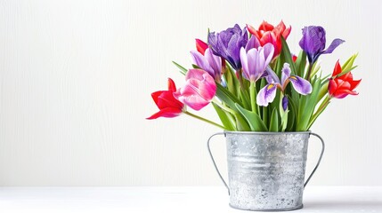 Iris and tulip flowers in a metal aluminum container on a white background