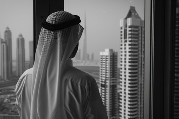 Obraz premium A person standing by the window taking in the urban scenery, possibly contemplating life or daydreaming