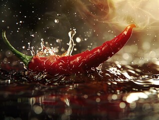 A bright red hot chili pepper splashing into the calm water, creating ripples and waves