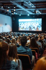 A group of people seated in chairs, focused on a presenter's speech