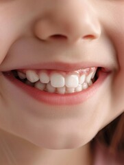 Obraz premium A close-up view of a happy child smiling while holding a toothbrush, perfect for illustrations or educational materials