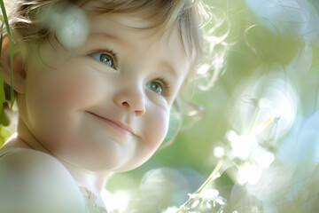 Fototapeta premium A little girl has a smile on her face as she holds a flower in her hand