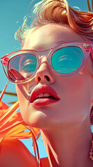 Retro style pastel colors summer background. Fashion woman wearing big sunglasses.