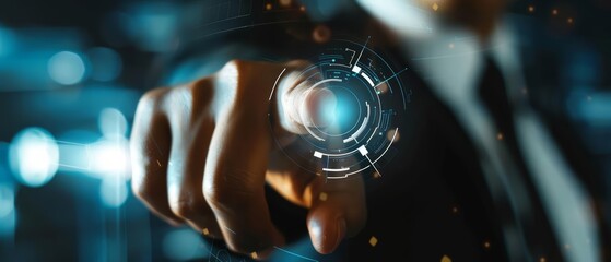 A closeup of a businessman pointing at a brand reputation damage icon